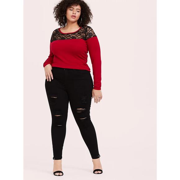 Torrid Womens Sweater Size 00 M 10 Red Knit & Black Lace Yoke Neck Top - Picture 2 of 7